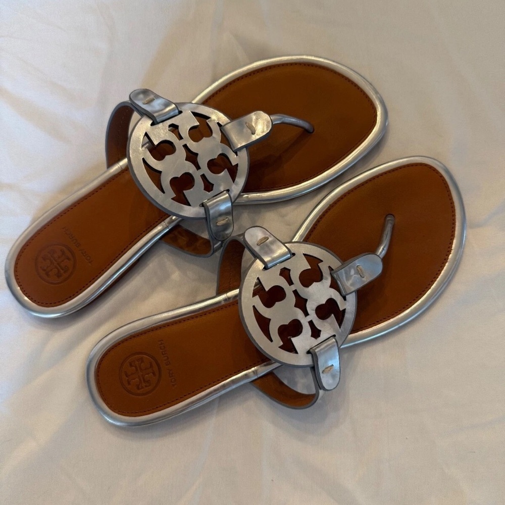 Tory Burch Miller Sandals Metallic Chrome and Tan